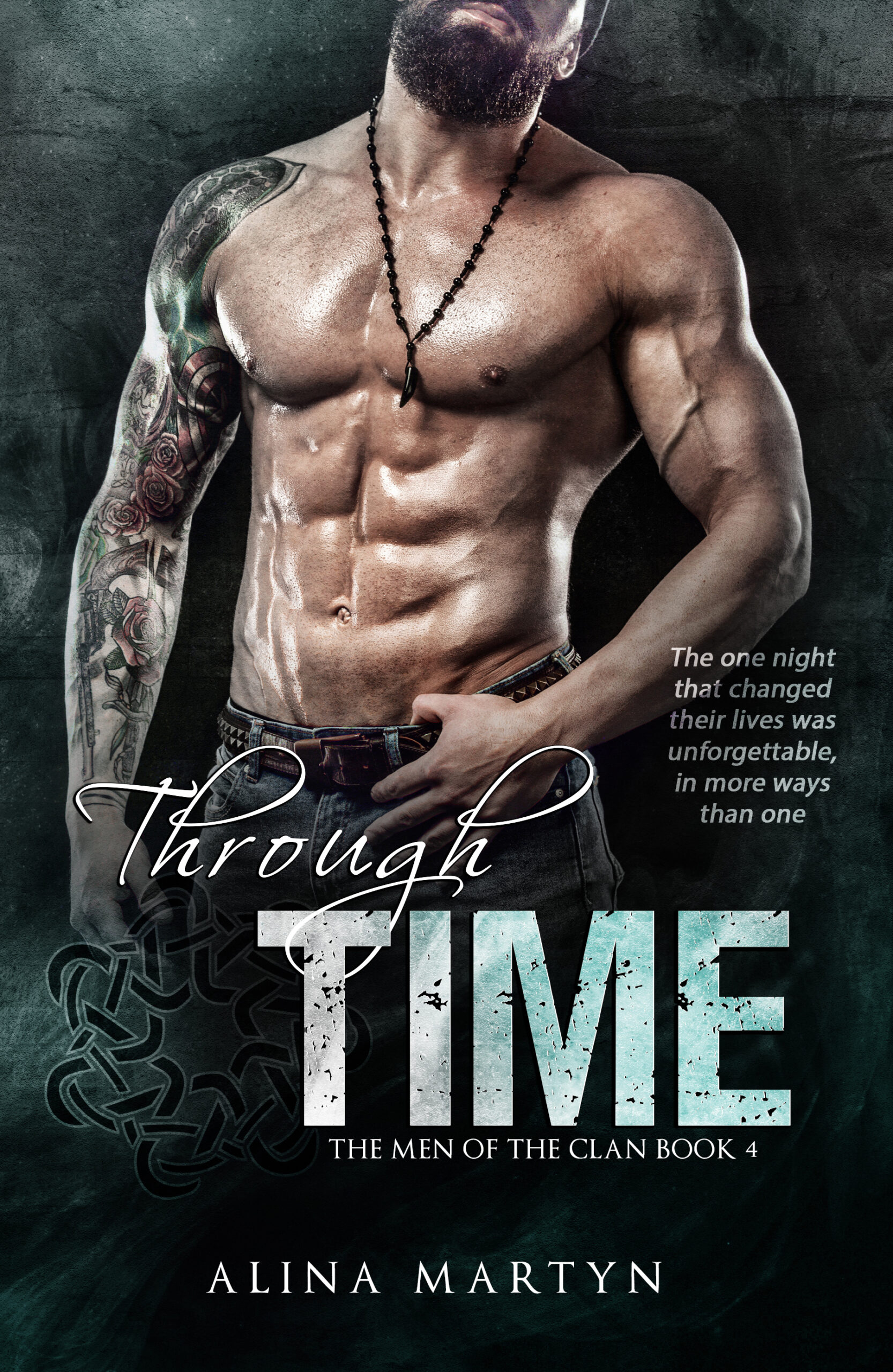 Man standing leaning back shirtless, with a sleeve of tattoos in a greenish glow with the Title Through Time by Alina Martyn